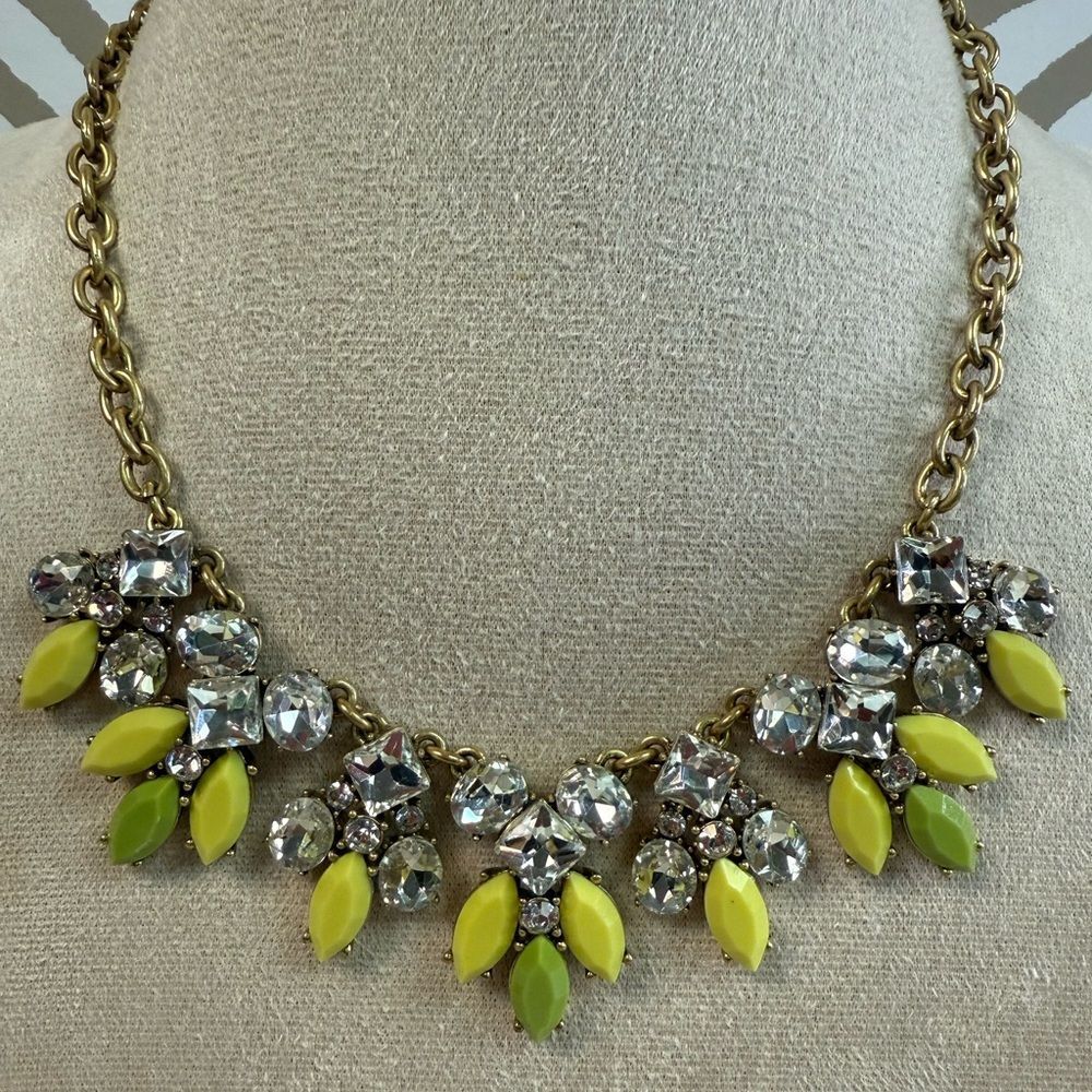 J Crew Gold Yellow Green Clear Crystal Necklace